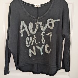 Aeropostale Black Waffle Knit Henley Top Crop Graphic Est 87 NYC Size Small
